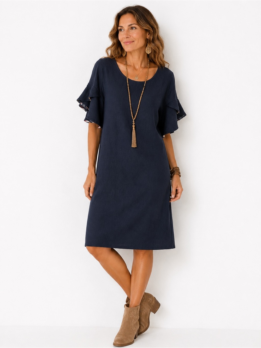 Heyton Ruffle Sleeve Shift Navy Dress large